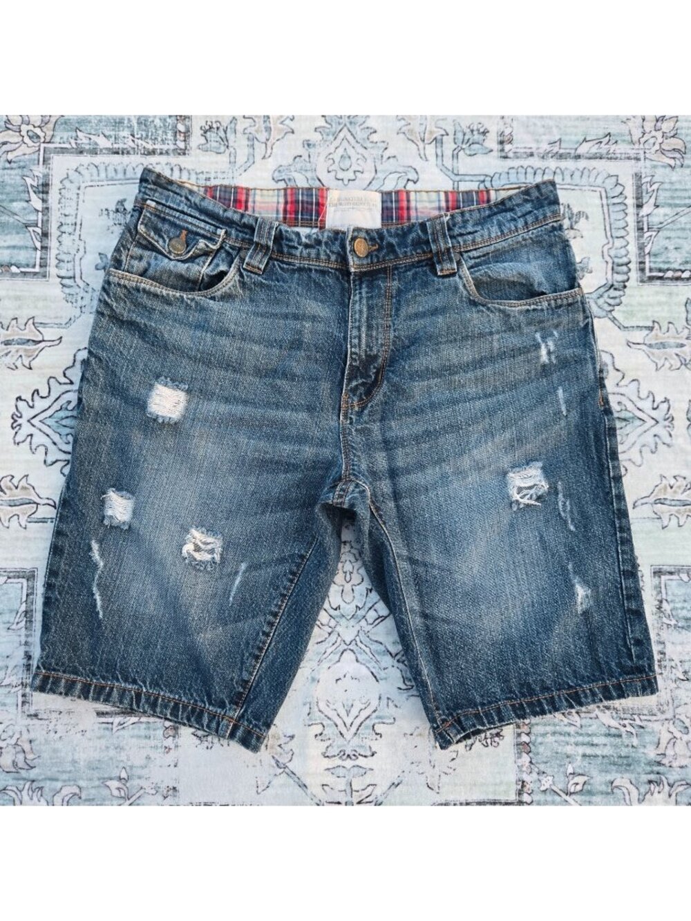 Vintage Y2K Mens Jorts Blue Denim Bermuda Shorts Size 34 Waist Distressed